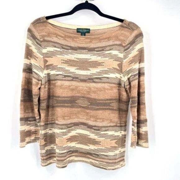 Lauren Ralph Lauren Women's Aztec Linen Blend Southwestern Sweater Beige Size PL - Picture 1 of 6